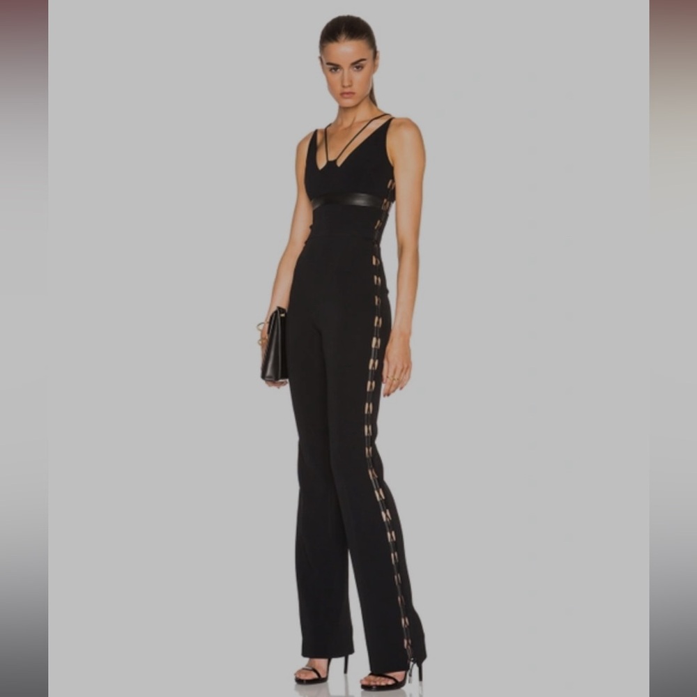 David Koma Jumpsuit Size 6 NWT Black Side Lace Panels V Cut